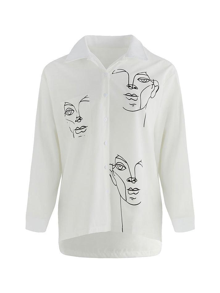 Abstract Face Print Long Sleeve Blouse - AnotherChill