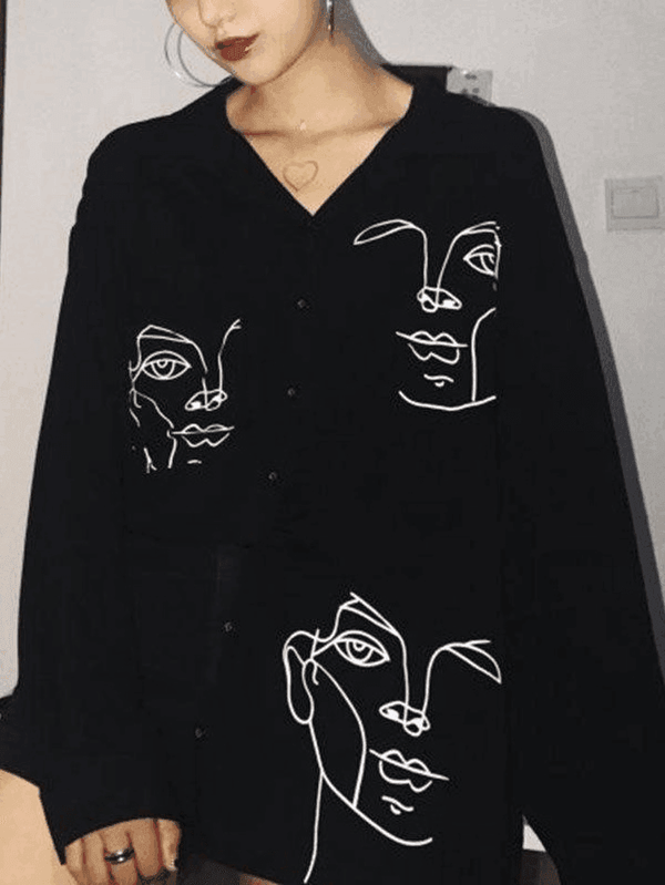 Abstract Face Print Long Sleeve Blouse AnotherChill