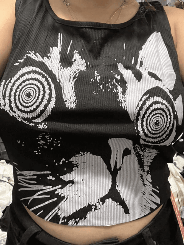 Abstract Print Black Ribbed Cropped Tank Top - AnotherChill