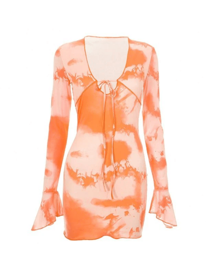 Abstract-Print Flared-Sleeve Tie Dress - AnotherChill