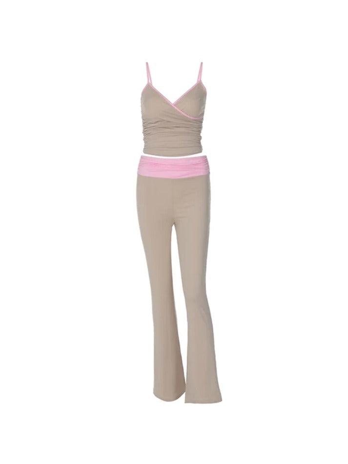 Contrast Trim Cami Top & Ruched Flare Pants Set - AnotherChill