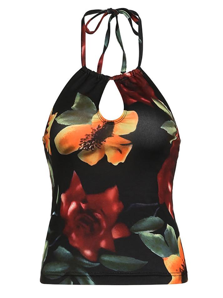 Halter-Neck Floral Print Cut-Out Slim-Fit Crop Cami Top - AnotherChill