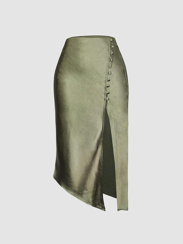 Asymmetric Hem Slit Button Deco Skirt - AnotherChill