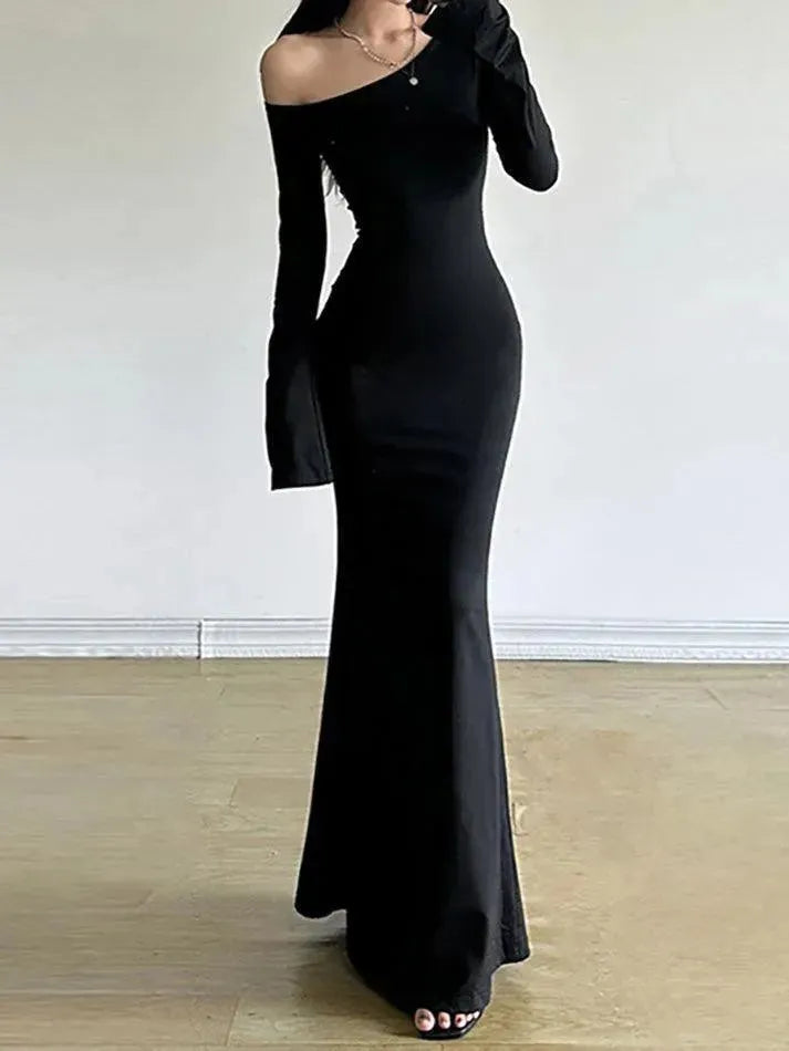 Bell Sleeve Contrast Panel Ribbed Maxi Dress
