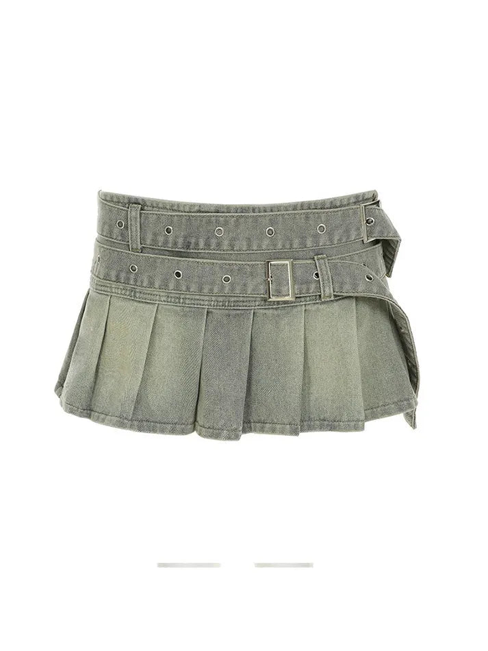 Vintage Low-Waist Pleated Denim Skirt