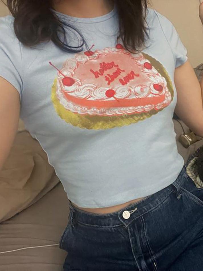 Short Sleeve Cake Print Slim-Fit Crop Top - AnotherChill