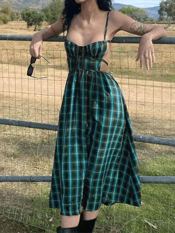 Backless Green Checkered Maxi Dress - AnotherChill