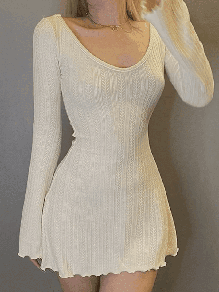 Knit Bottom Long Sleeve Mini Dress With Belt