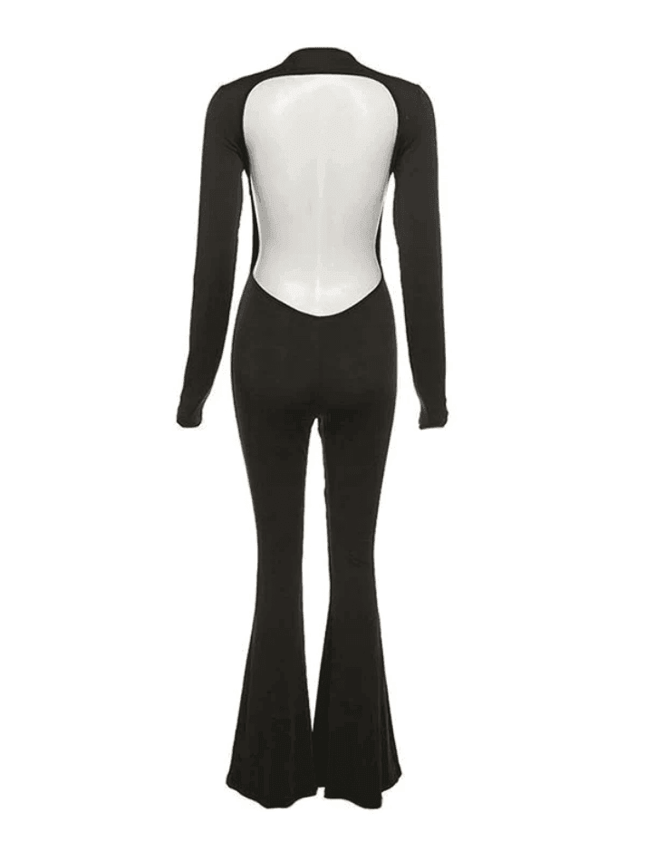 Backless Long Sleeve Flare Leg Jumpsuit - AnotherChill