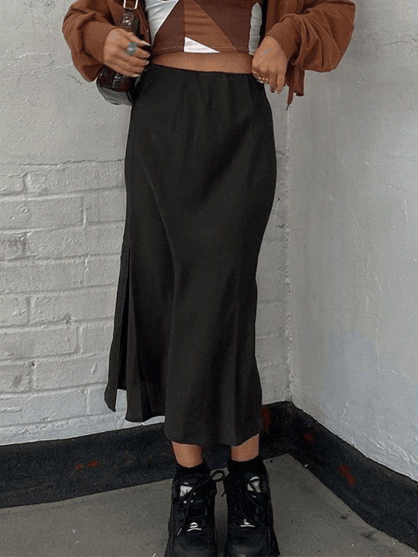 Basic Satin Split Midi Skirt - AnotherChill