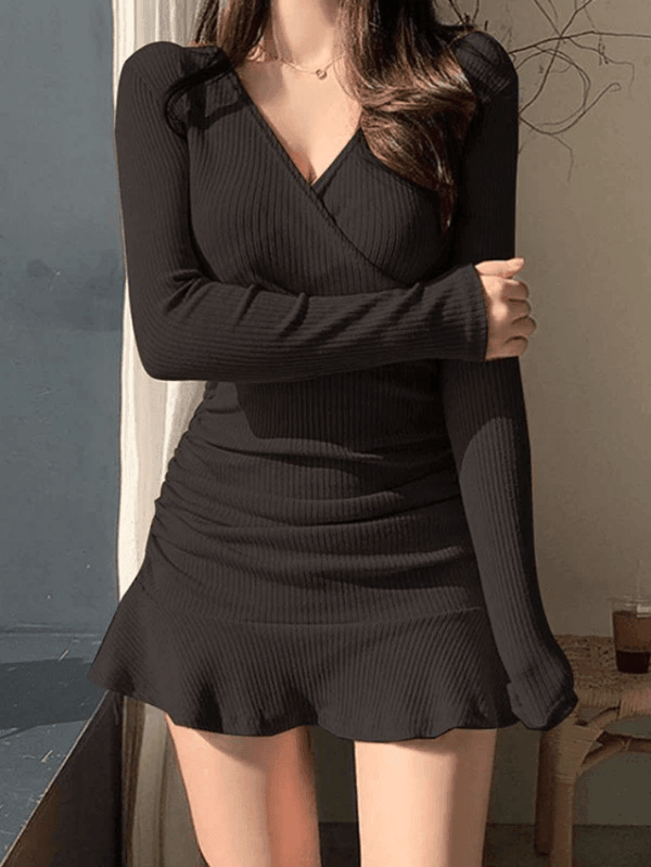 Black Ruffle Ribbed Long Sleeve Wrap Mini Dress - AnotherChill