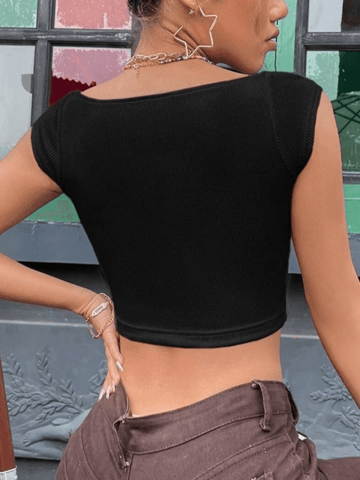 Black Short Sleeve Ribbed Crop Top - AnotherChill