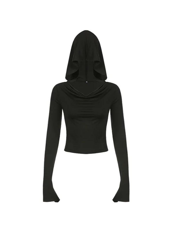 Black Stacked Neck Hooded Slim Long Sleeve Tee - AnotherChill