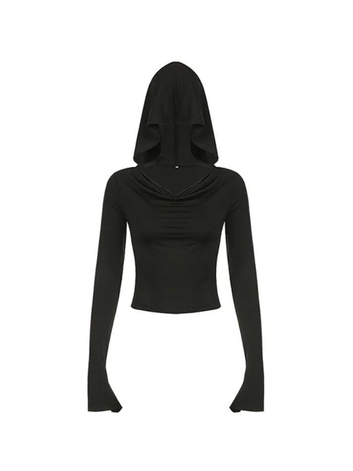 Black Stacked Neck Hooded Slim Long Sleeve Tee - AnotherChill