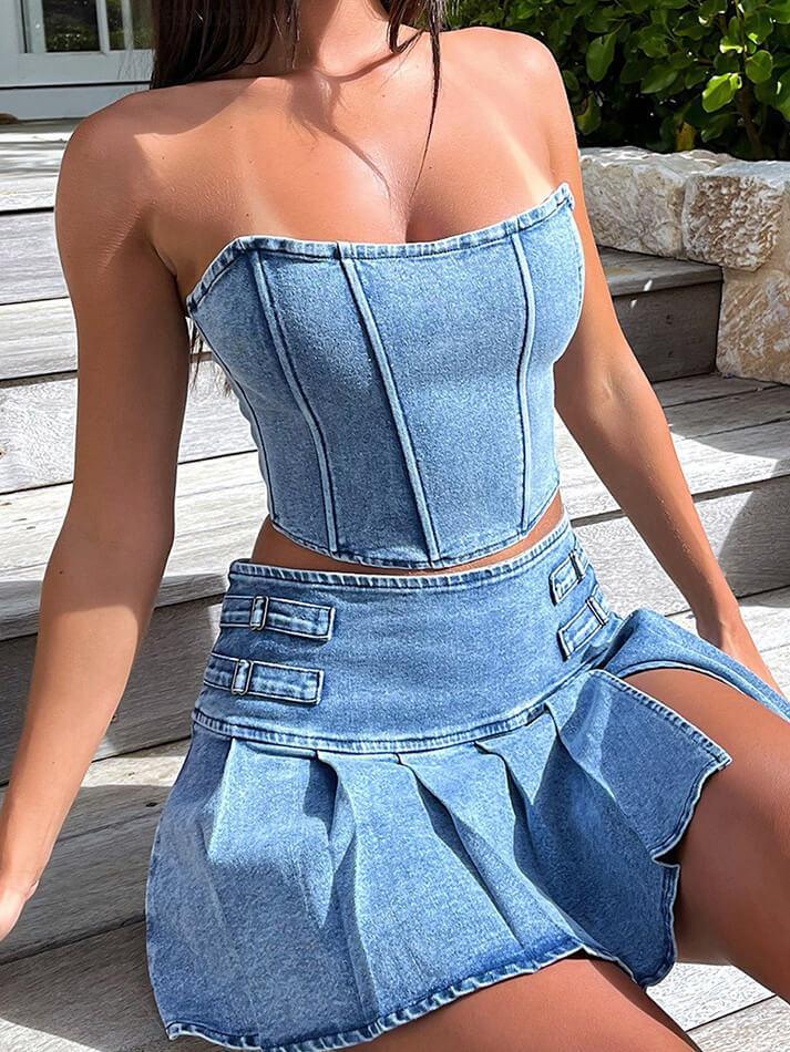 Blue Stretch Denim Two Piece Set - AnotherChill