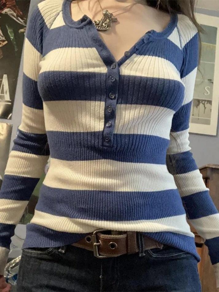 Blue Stripe Button Up Ribbed Knit Top - AnotherChill