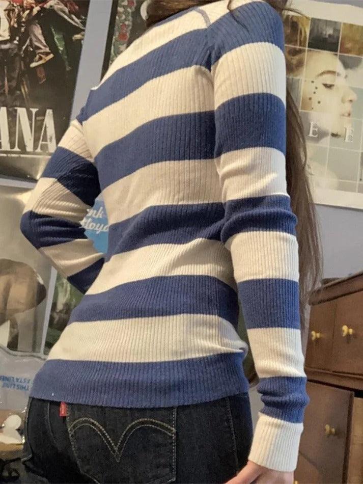 Blue Stripe Button Up Ribbed Knit Top - AnotherChill