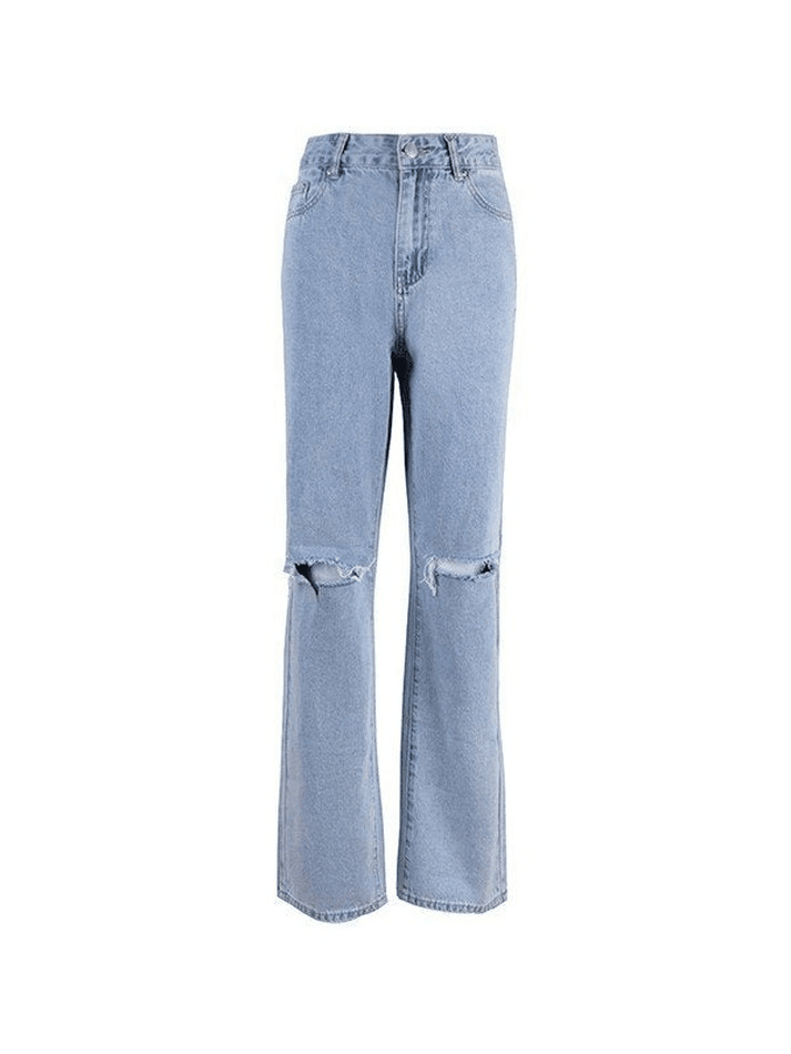 Blue Wash Straight Leg Knee Ripped Jeans - AnotherChill
