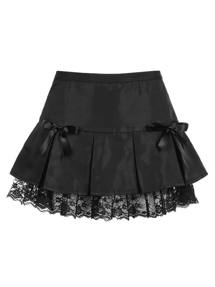 Bow Lace Paneled Pleated Mini Skirt - AnotherChill
