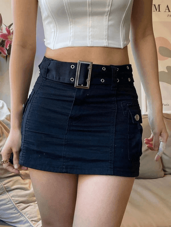 Buckle Belt Denim Cargo Mini Skirt - AnotherChill