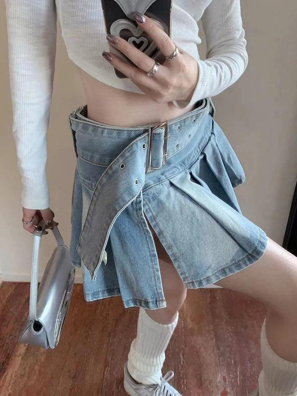 Buckle Belt Denim Pleated Mini Skirt - AnotherChill