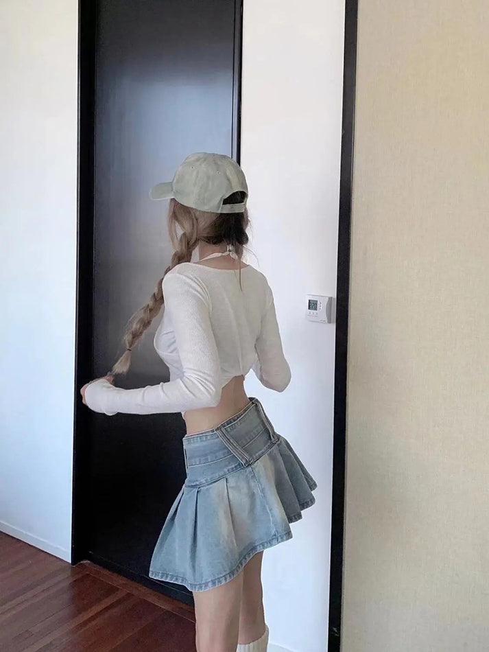 Buckle Belt Denim Pleated Mini Skirt - AnotherChill