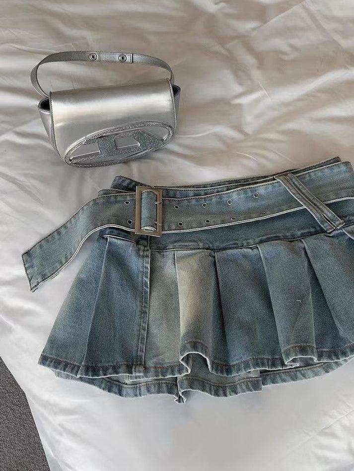 Buckle Belt Denim Pleated Mini Skirt - AnotherChill