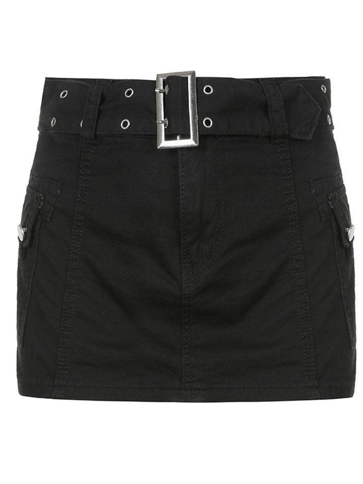 2024 Buckle Belt Low Waist Denim Mini Skirt Black S in Skirts Online ...