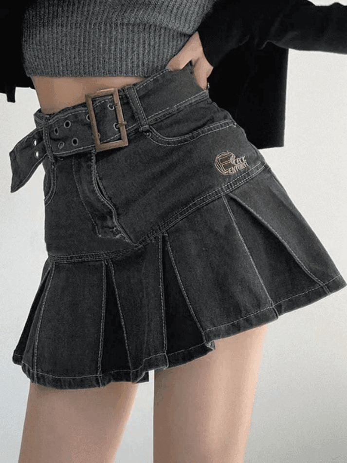 2023 Buckle Belt Pleated Denim Mini Skirt Black S in Skirts Online ...