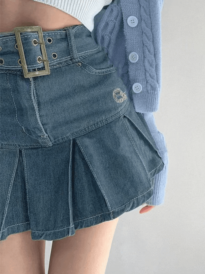 Lace Up Pleated Denim Mini Skirt, Small by Sorella Boutique