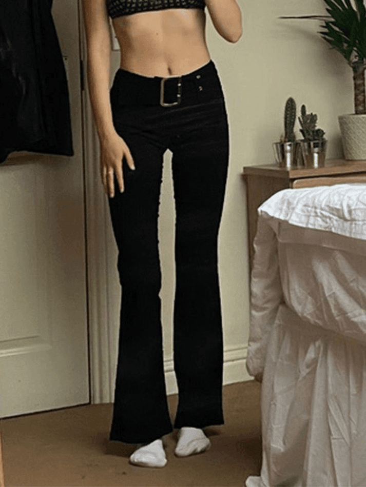 Buckle Belted Flare Leg Pants - AnotherChill