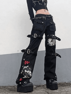 Buckle Strap Printed Cargo Jeans - AnotherChill