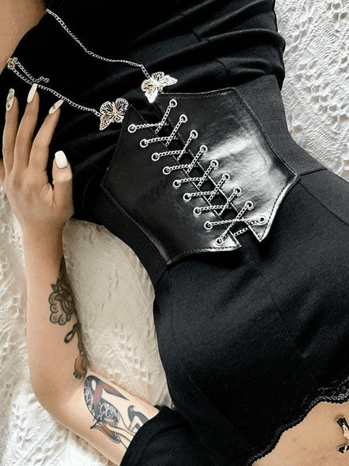 Butterfly Chain Strap Pu Leather Corset Top - AnotherChill
