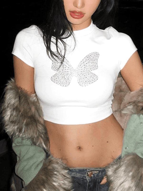 Butterfly Diamond Short Sleeve Crop Top - AnotherChill
