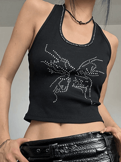 Butterfly Rhinestone Crop Halter Vest - AnotherChill
