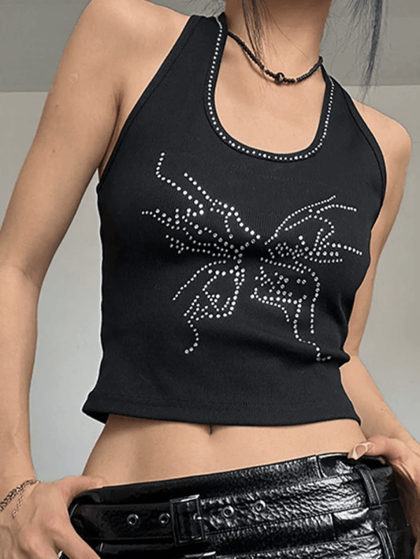 Butterfly Rhinestone Crop Halter Vest - AnotherChill