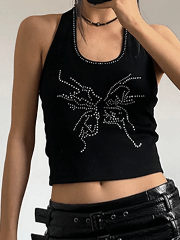 Butterfly Rhinestone Crop Halter Vest - AnotherChill