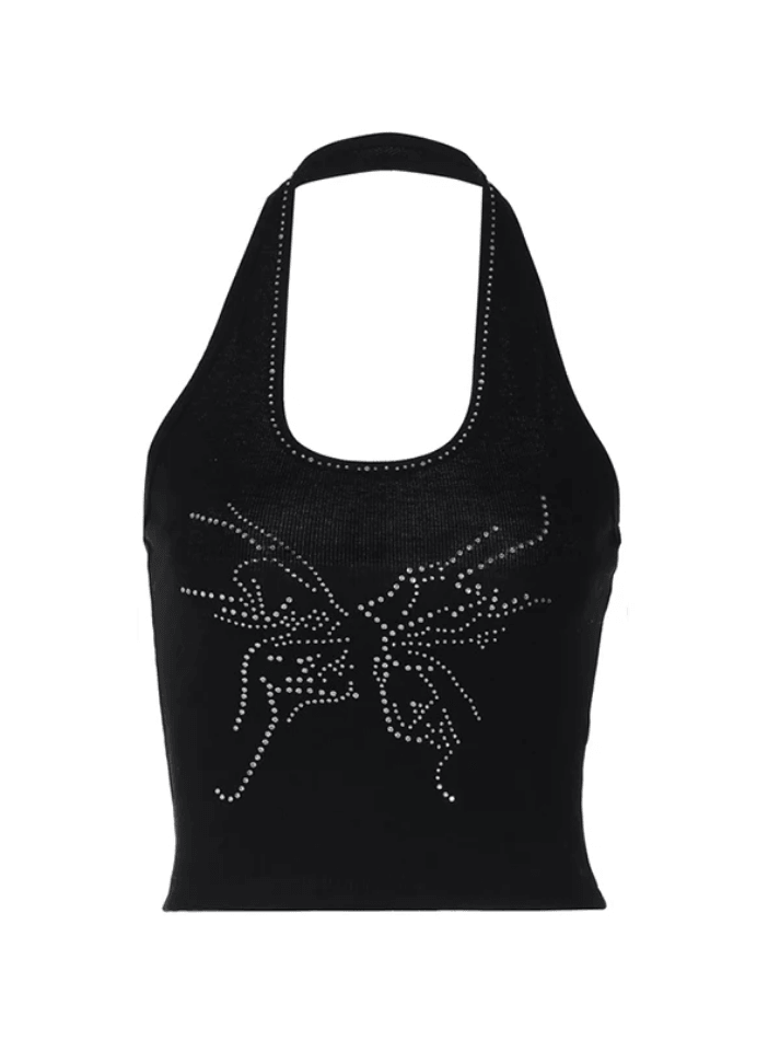 Butterfly Rhinestone Crop Halter Vest - AnotherChill