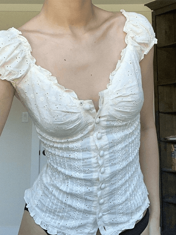 Button Down Broidered Lace Crop Blouse - AnotherChill