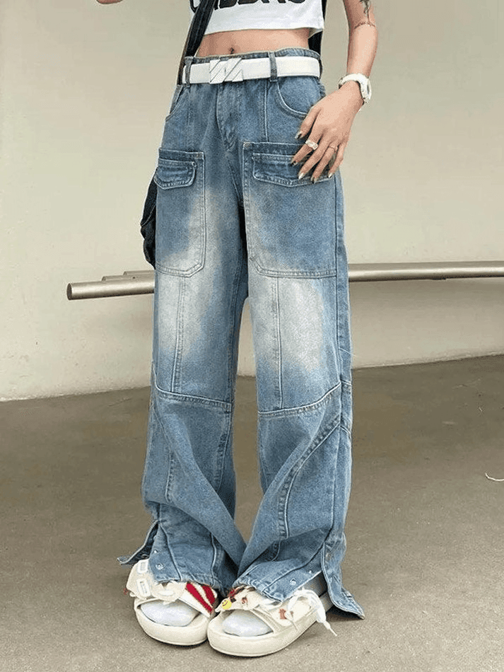 Button Split Blue Cargo Jeans - AnotherChill