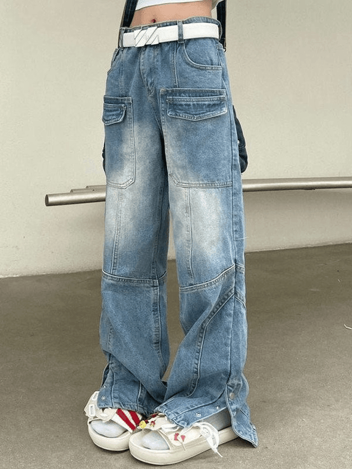 Button Split Blue Cargo Jeans - AnotherChill