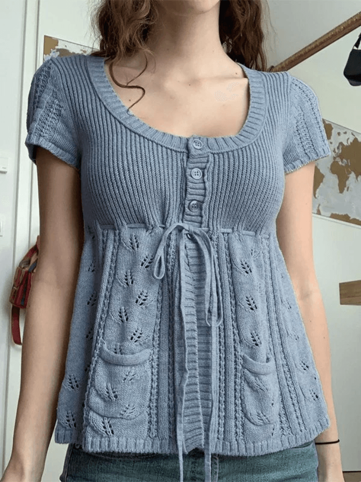 Buttoned Slit Tie Front Knit Top - AnotherChill