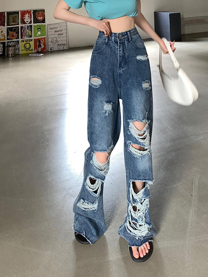 Frayed Detail High-Waist Ripped Jeans - AnotherChill