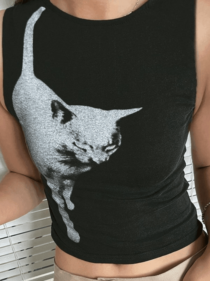 Cat Print Cropped Tank Top - AnotherChill