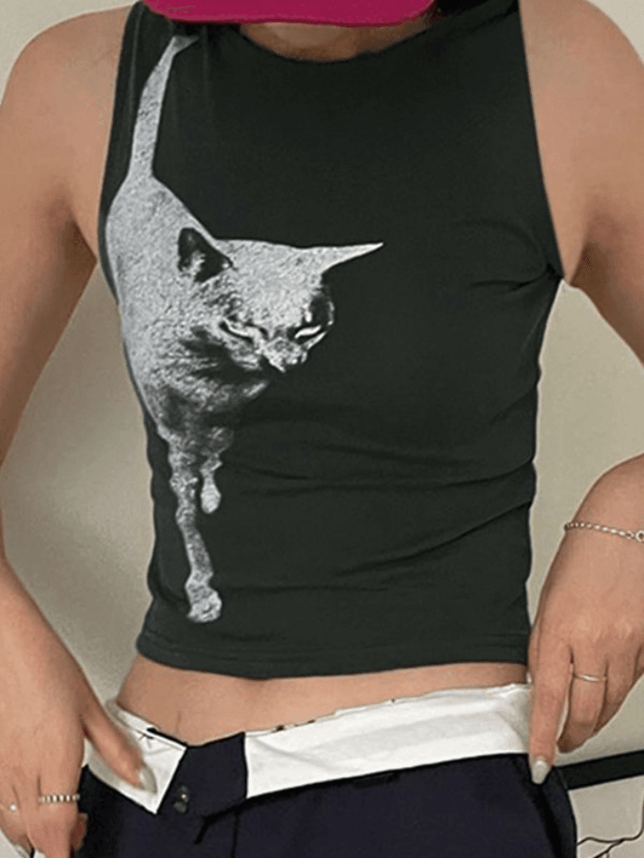 Cat Print Cropped Tank Top - AnotherChill