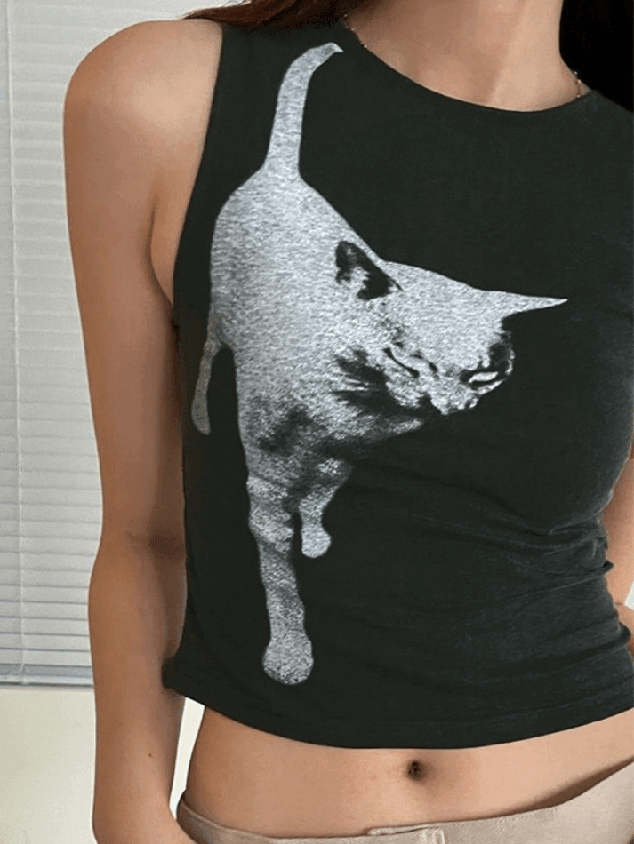 Cat Print Cropped Tank Top - AnotherChill