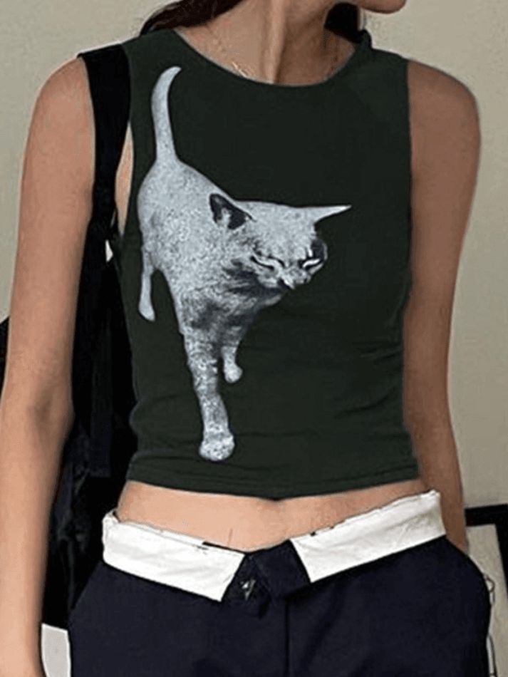 Cat Print Cropped Tank Top - AnotherChill
