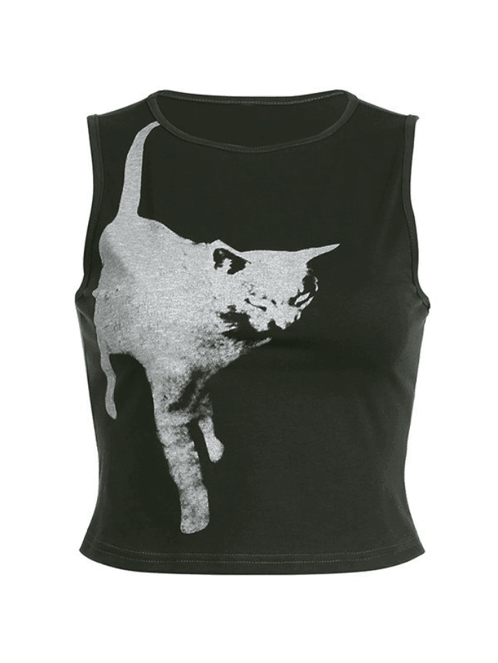 2023 Cat Print Cropped Tank Top Gray S in Tops&Tees Online Store ...