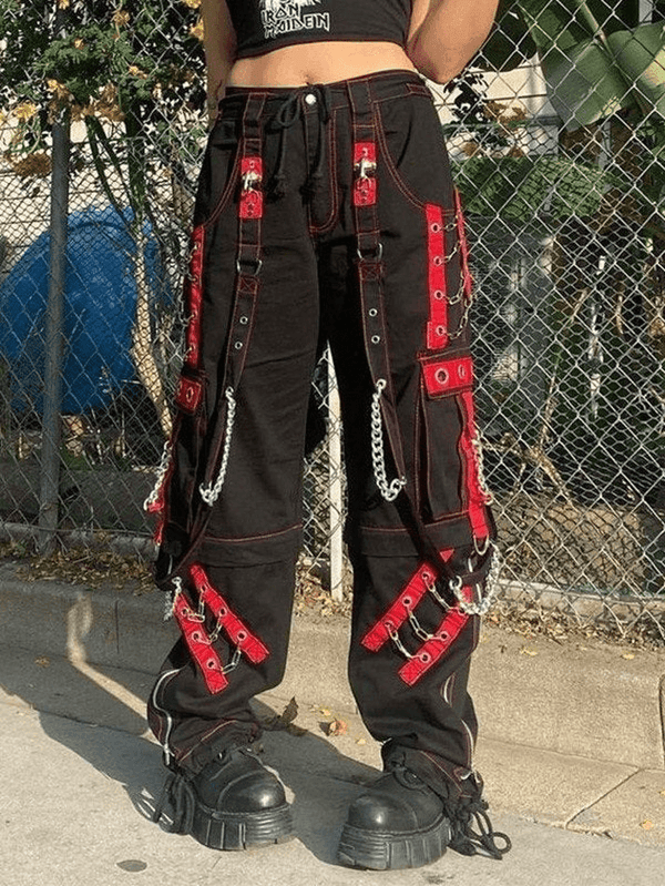 Chain Embellished Strap Straight Leg Pants - AnotherChill