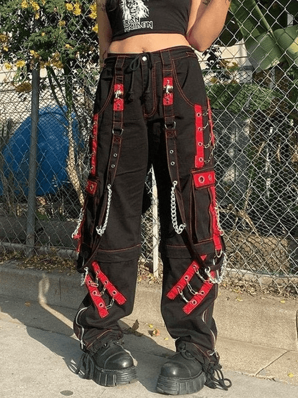 Chain Embellished Strap Straight Leg Pants - AnotherChill
